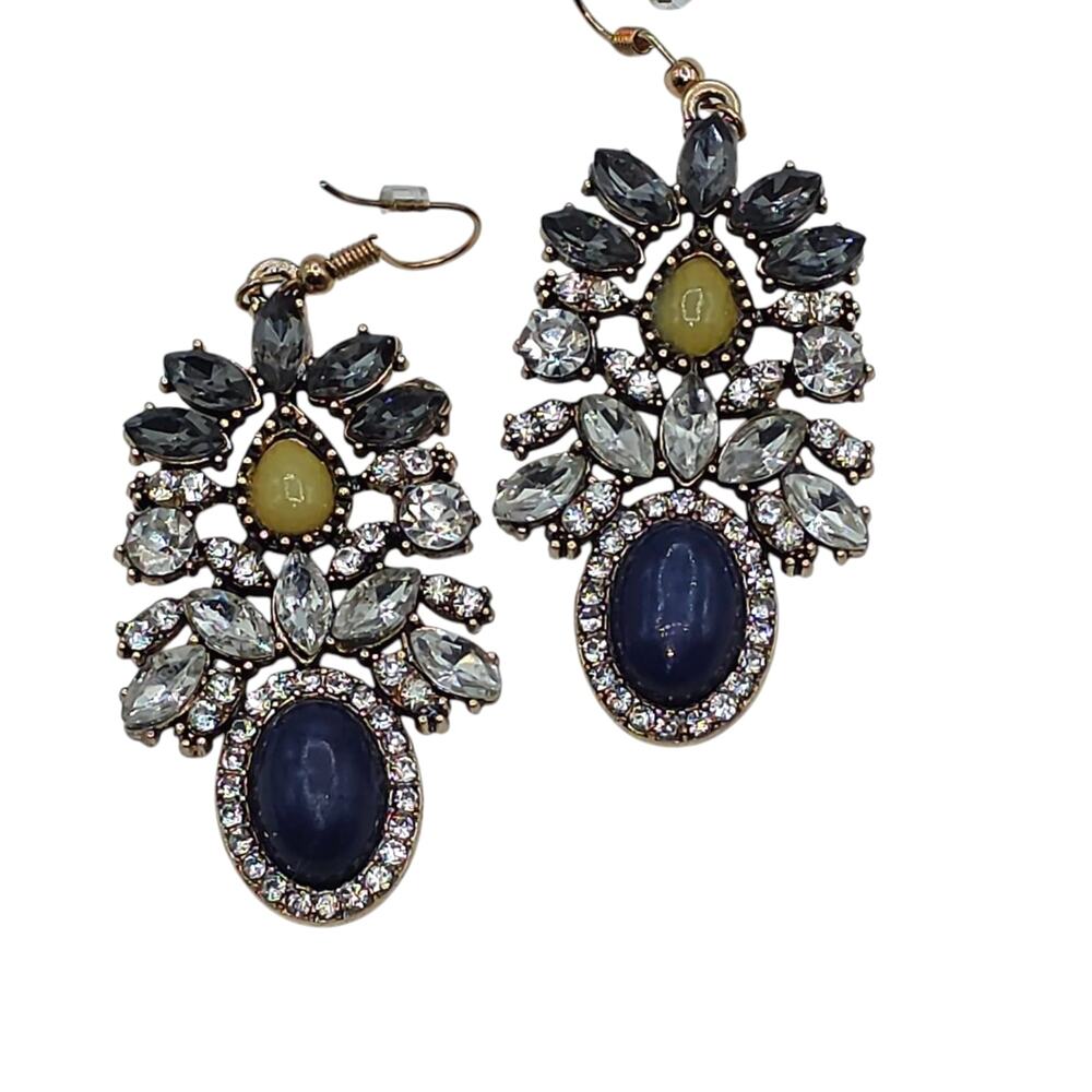 Navy Blue Oval Crystal Cluster Statement Dangle Drop Earrings Gold Tone Vintage